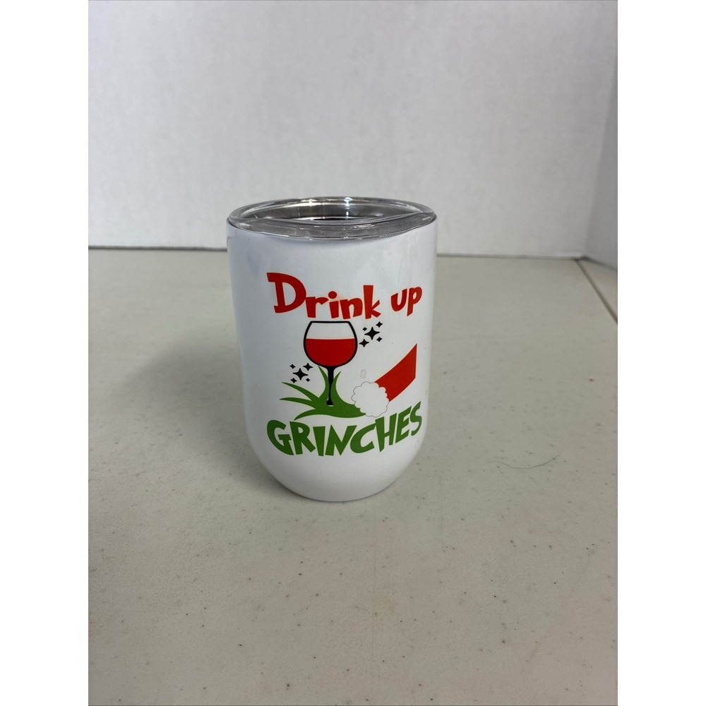 HOGG Drink Up Grinches Christmas Wine Tumbler 12oz Stainless Steel White Lid